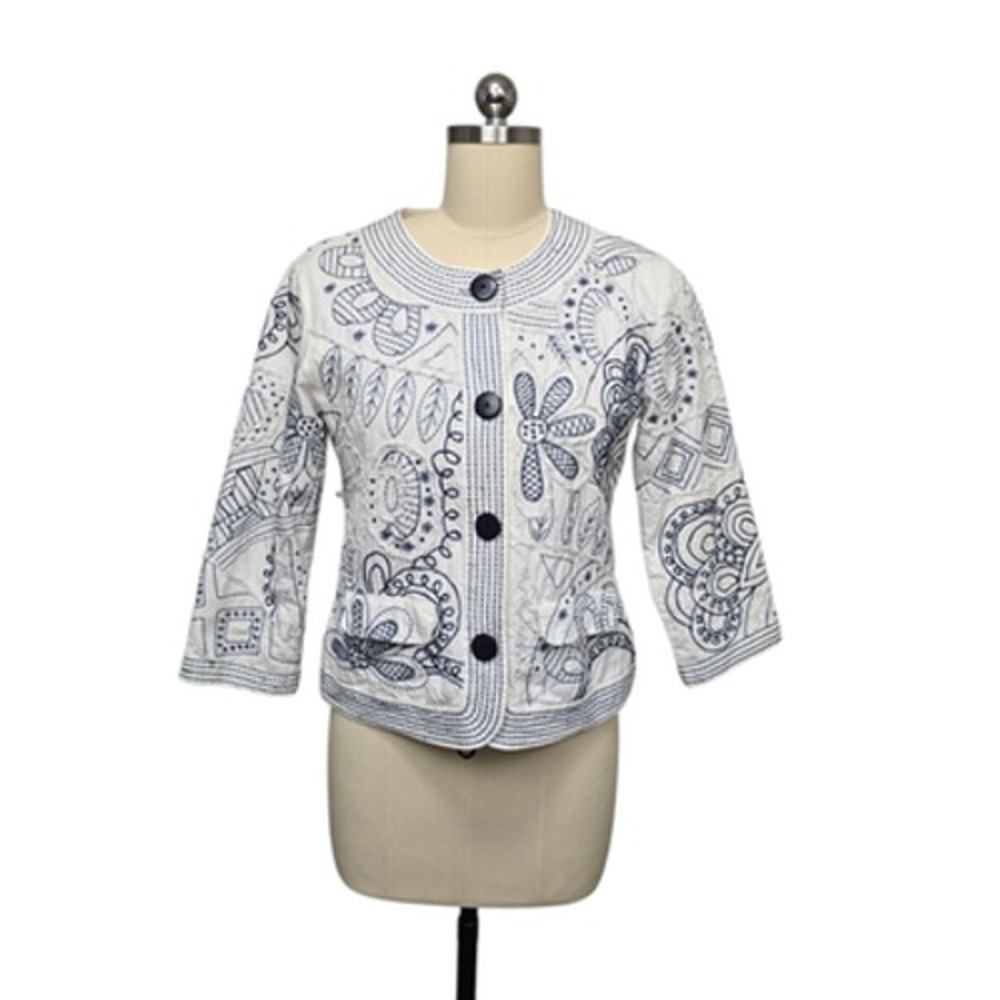 Chico's Jacket‎ Womens Small 0 White Blue Embroidered Button 3/4 Sleeve Boho